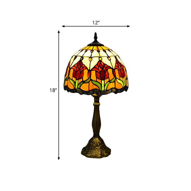 Flower Stain Glass Table Lamp Tiffany Style 1 Light Brass Nightstand Light for Bedroom