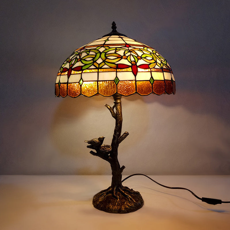 Stained Glass Brass Table Light Leaf/Rose/Peony Single Head Tiffany Style Nightstand Lamp for Bedroom