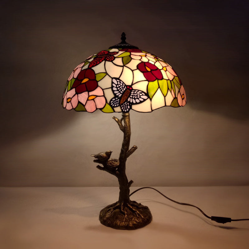 Stained Glass Brass Table Light Leaf/Rose/Peony Single Head Tiffany Style Nightstand Lamp for Bedroom