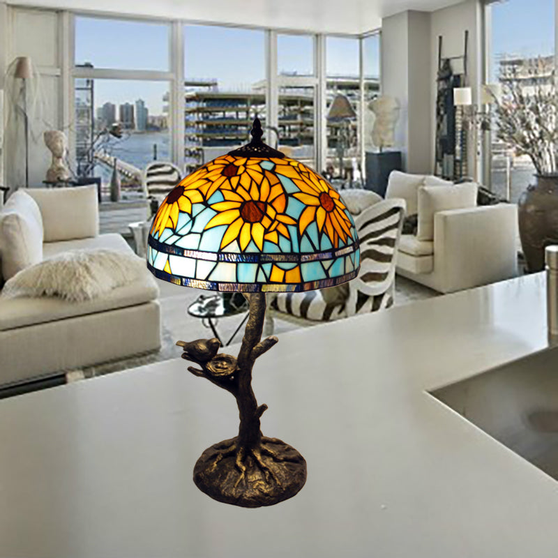 Sonnenblume Buntglas Tischlampe Mittelmeer 1 leichter antiker Messing Nachttisch