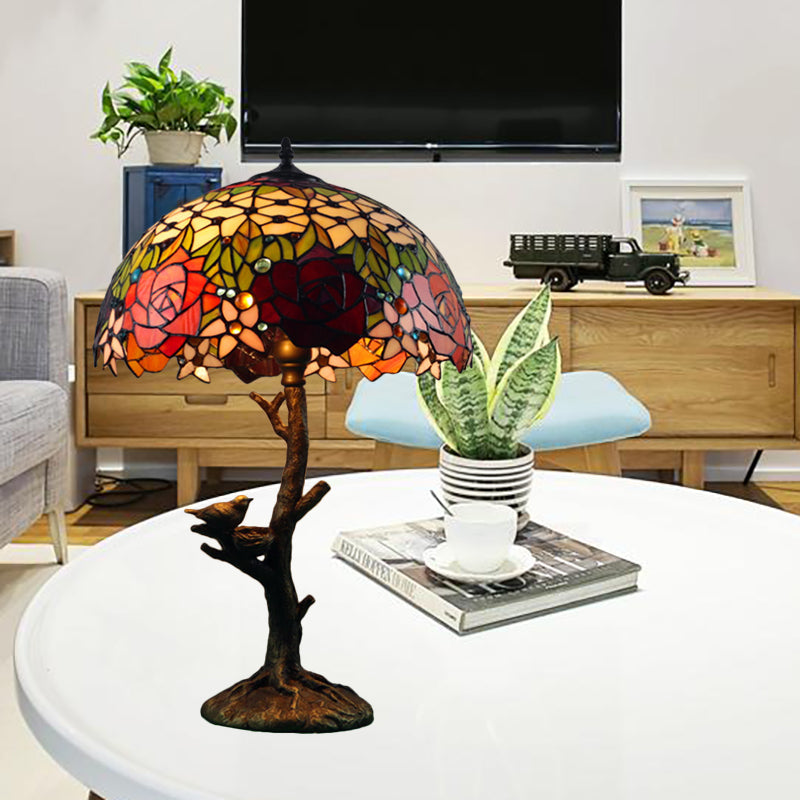 Antique Brass Single Light Nightstand Mediterranean Stained Glass Rose/Dragonfly/Victorian Night Table Light for Bedside
