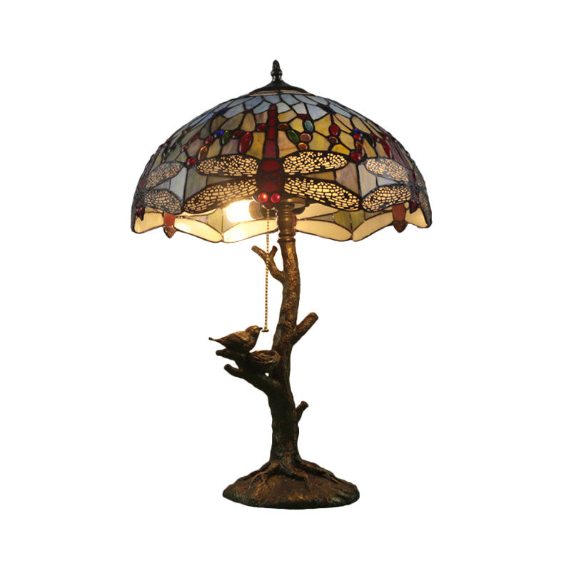 Antique Brass Single Light Nightstand Mediterranean Stained Glass Rose/Dragonfly/Victorian Night Table Light for Bedside