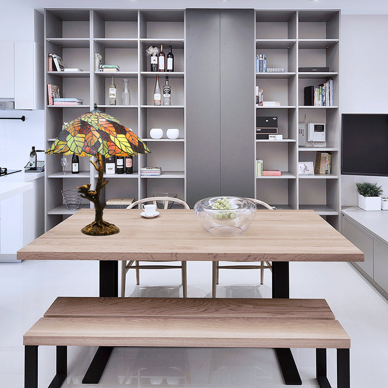 1 leichte Nachttisch -Lampenmediterraner -Blatt -Buntglas -Tischlicht in Messing für Innenräume