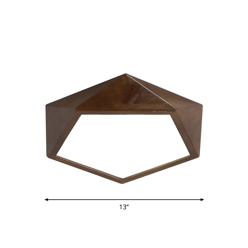 Brown Faceted Pentagon Ceiling Mount Lamp Minimalist 13"/16"/19.5" Wide LED Wooden Flush Lighting