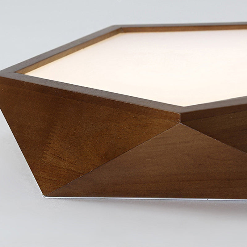 Brown Faceted Pentagon Ceiling Mount Lamp Minimalist 13"/16"/19.5" Wide LED Wooden Flush Lighting