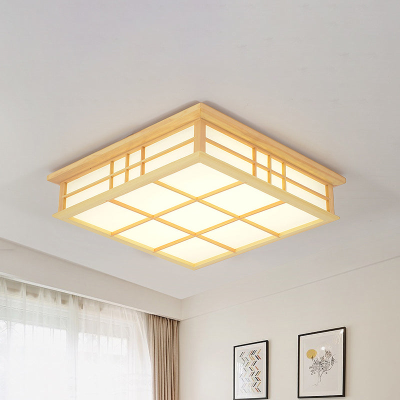 Lámpara de techo LED color beige con iluminación empotrada y rejilla cuadrada de madera, luz cálida/blanca