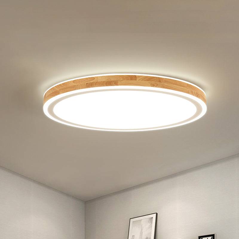Nordic Dual Halo Ring Flush Mount Lamp 12"/15" Dia Wooden LED Corridor Ceiling Lighting in Beige