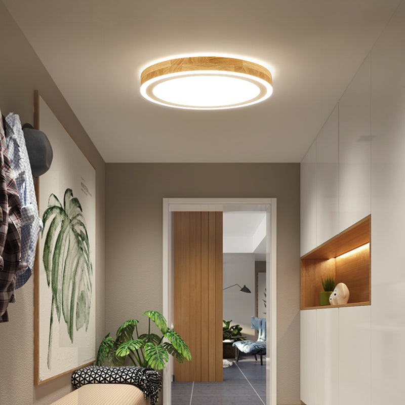 Nordic Dual Halo Ring Flush Mount Lamp 12"/15" Dia Wooden LED Corridor Ceiling Lighting in Beige