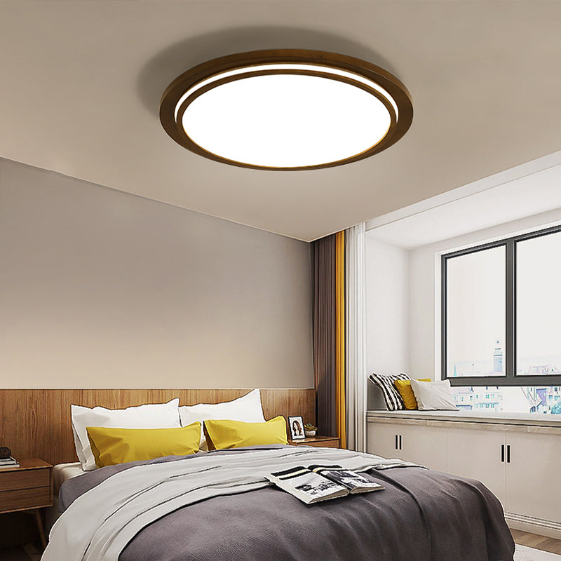 Brown Dish Ceiling Light Modernity 15"/18"/23" Dia LED Wood Flush Mount Fixture in Natural Light