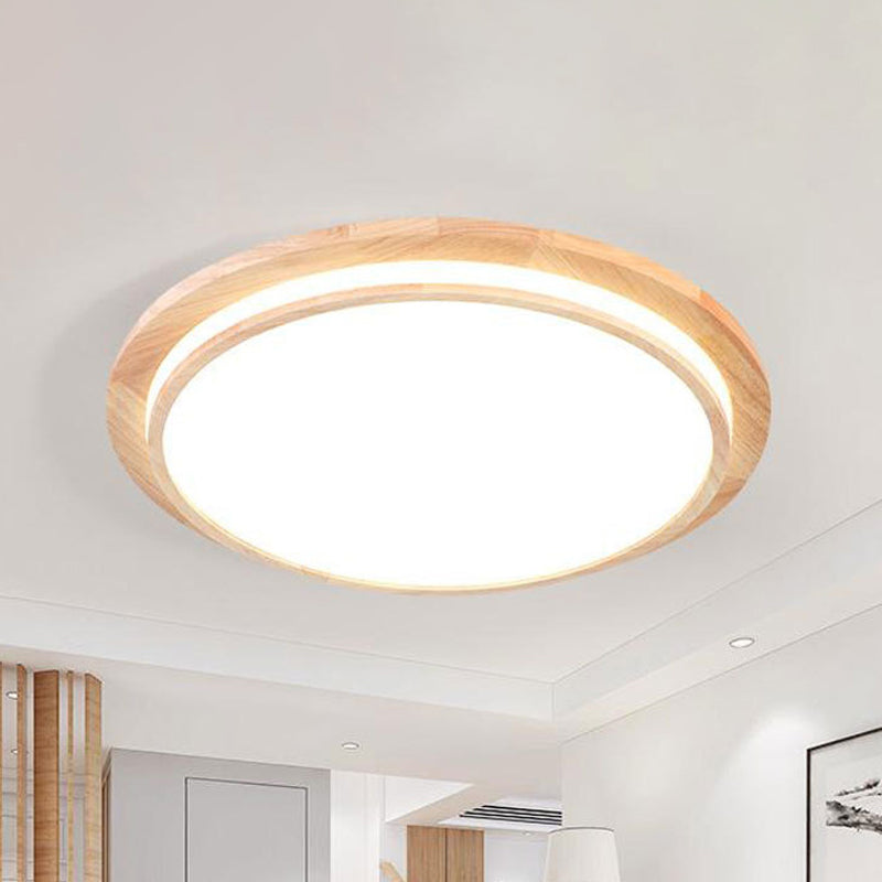 Natural Wood Round Ceiling Mount Lamp Simplicity LED Beige Flush Light in Warm/White Light, 15"/18"/23" Dia