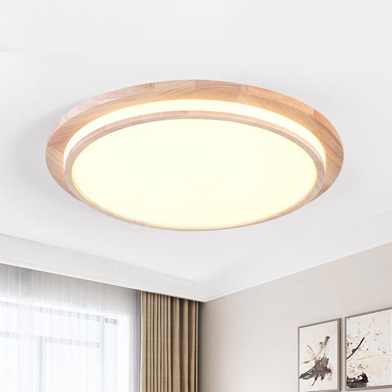 Natural Wood Round Ceiling Mount Lamp Simplicity LED Beige Flush Light in Warm/White Light, 15"/18"/23" Dia