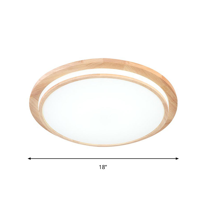Natural Wood Round Ceiling Mount Lamp Simplicity LED Beige Flush Light in Warm/White Light, 15"/18"/23" Dia