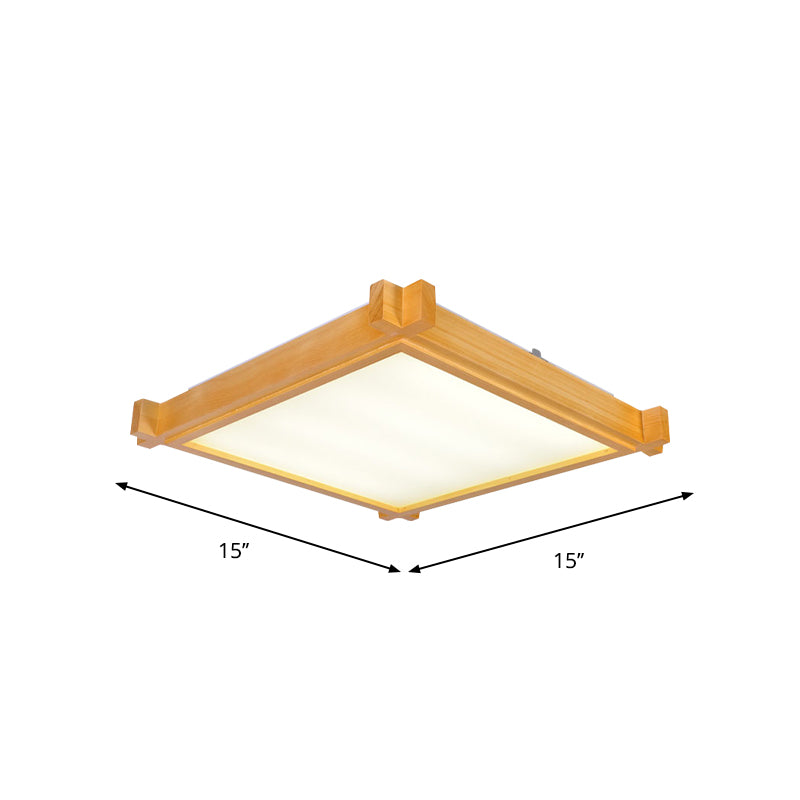 LED Living Room Flush Mount Light Minimalist Beige Ceiling Lighting with Square Wood Shade in Warm/White Light, 15"/19"/21.5" W