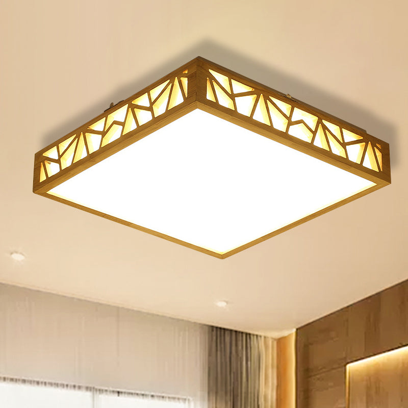Hollowed Square Box Ceiling Lamp Modern Stylish Wooden LED Study Room Flushmount in Warm/White Light/Remote Control Stepless Dimming
