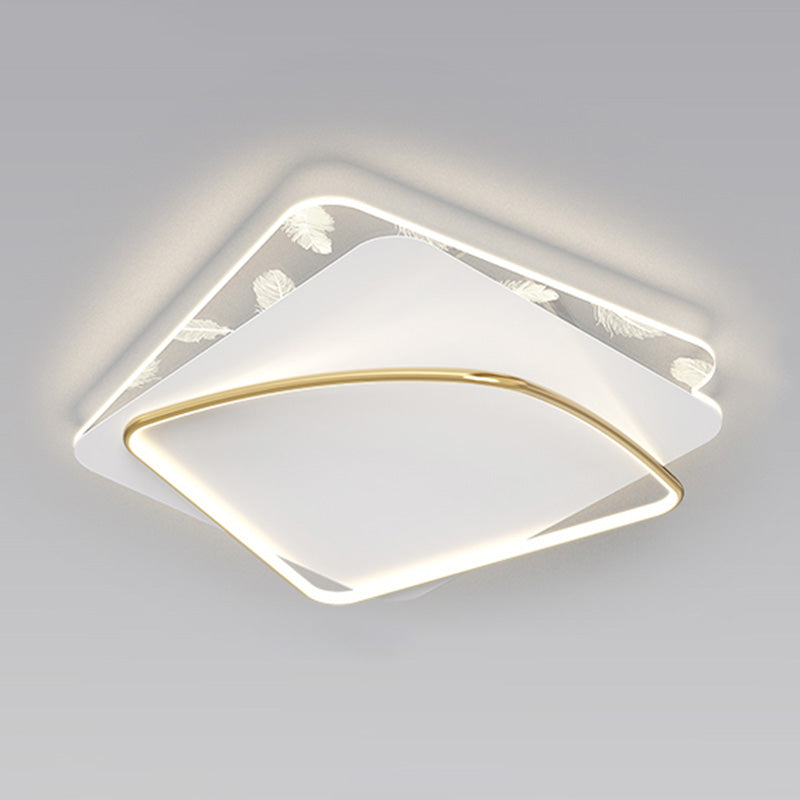 Lámpara de techo de hierro forjado con plumas de estilo conciso y moderno, montaje semiempotrado LED geométrico blanco para dormitorio