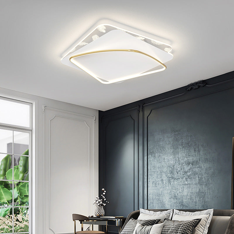 Lámpara de techo de hierro forjado con plumas de estilo conciso y moderno, montaje semiempotrado LED geométrico blanco para dormitorio