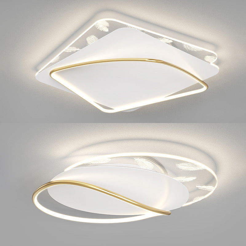 Lámpara de techo de hierro forjado con plumas de estilo conciso y moderno, montaje semiempotrado LED geométrico blanco para dormitorio