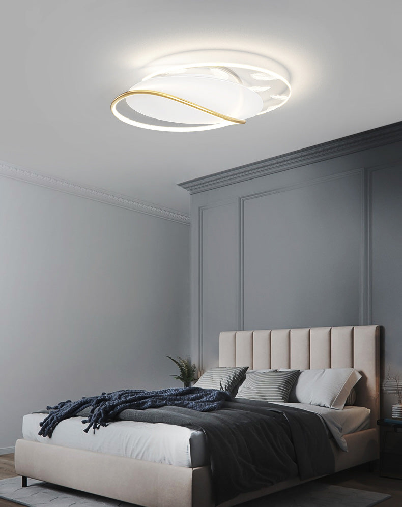 Lámpara de techo de hierro forjado con plumas de estilo conciso y moderno, montaje semiempotrado LED geométrico blanco para dormitorio