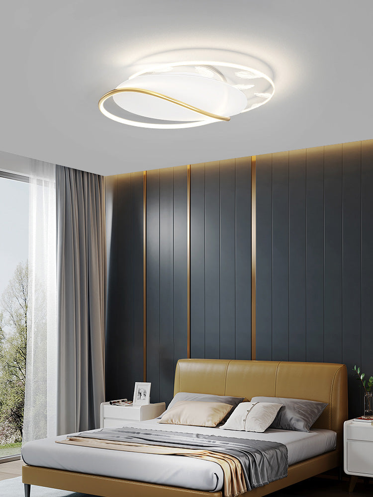 Lámpara de techo de hierro forjado con plumas de estilo conciso y moderno, montaje semiempotrado LED geométrico blanco para dormitorio