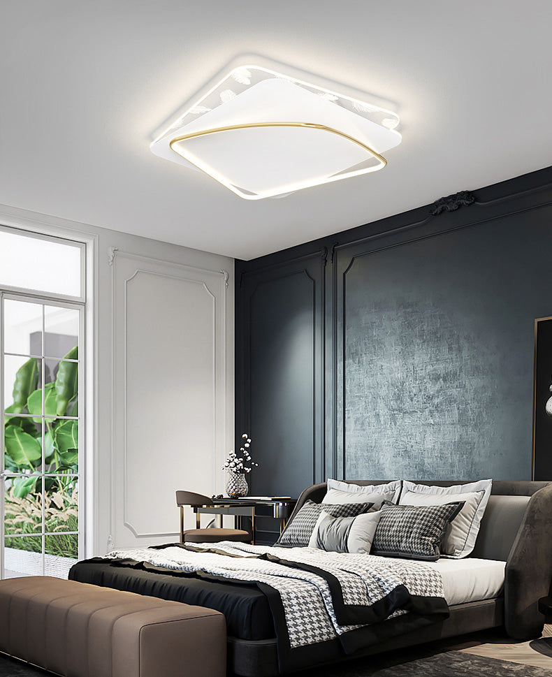 Lámpara de techo de hierro forjado con plumas de estilo conciso y moderno, montaje semiempotrado LED geométrico blanco para dormitorio