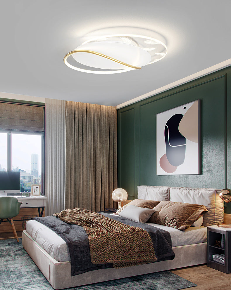 Lámpara de techo de hierro forjado con plumas de estilo conciso y moderno, montaje semiempotrado LED geométrico blanco para dormitorio