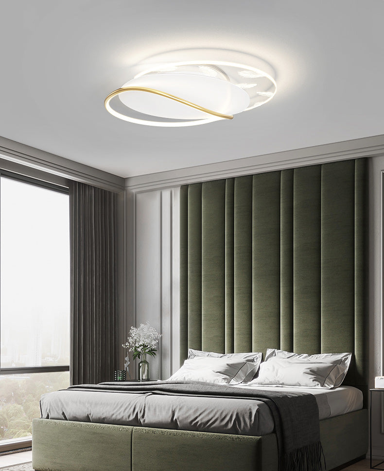 Lámpara de techo de hierro forjado con plumas de estilo conciso y moderno, montaje semiempotrado LED geométrico blanco para dormitorio