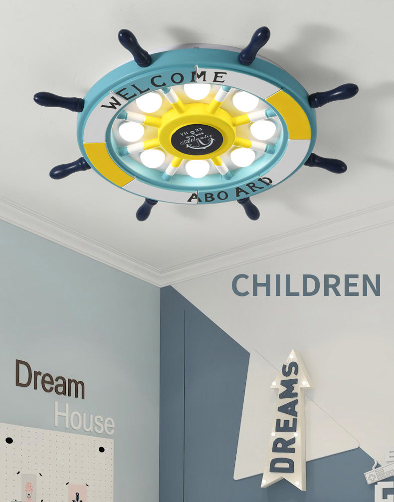 Children's Room Ceiling Light Creative Boy Bedroom Mediterranean Style Ocean Cartoon Wooden Pirate Ship Rudder Energy-saving Lamps