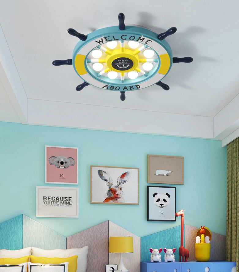 Children's Room Ceiling Light Creative Boy Bedroom Mediterranean Style Ocean Cartoon Wooden Pirate Ship Rudder Energy-saving Lamps