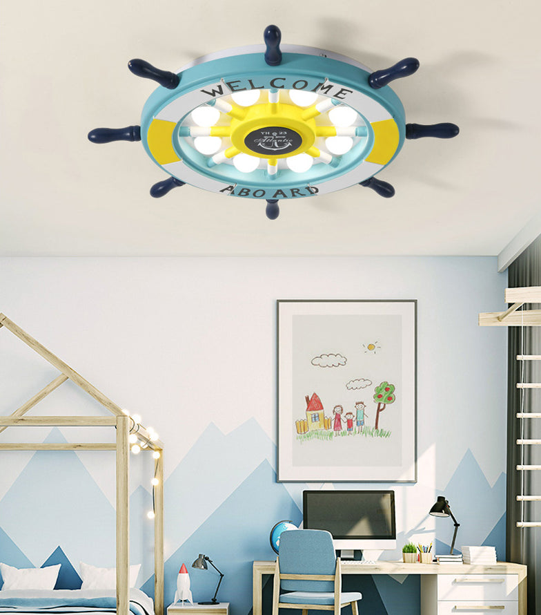 Children's Room Ceiling Light Creative Boy Bedroom Mediterranean Style Ocean Cartoon Wooden Pirate Ship Rudder Energy-saving Lamps