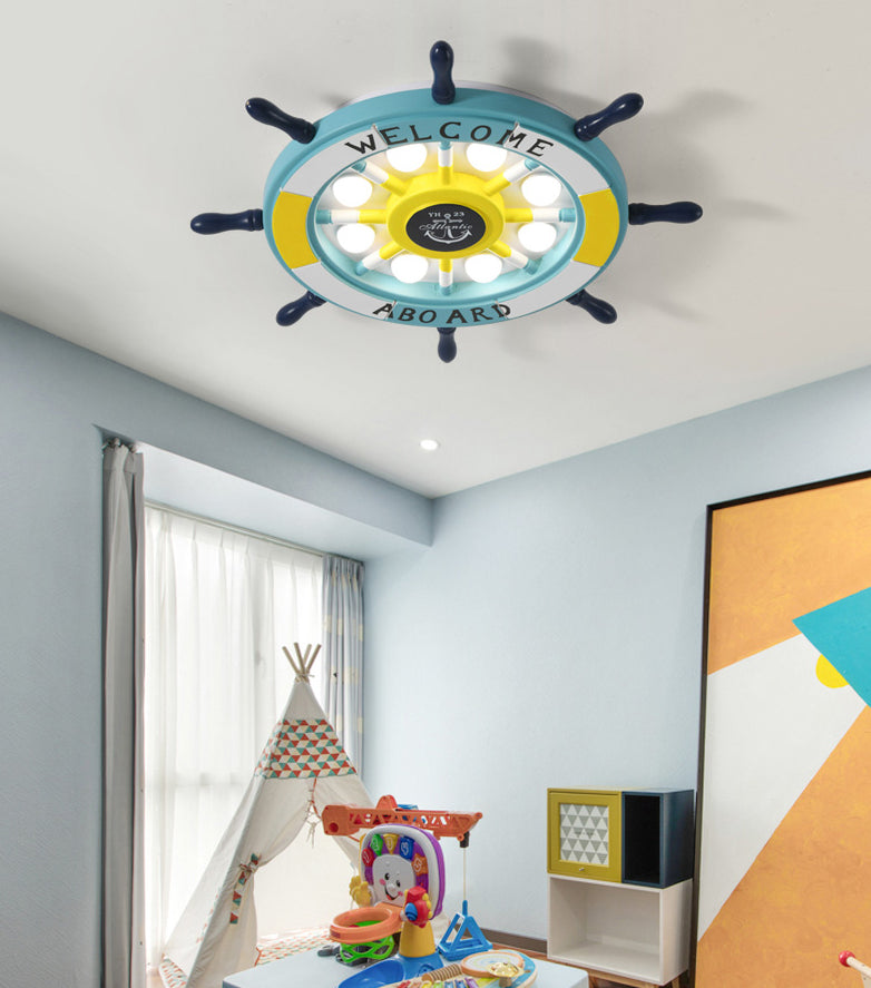 Children's Room Ceiling Light Creative Boy Bedroom Mediterranean Style Ocean Cartoon Wooden Pirate Ship Rudder Energy-saving Lamps