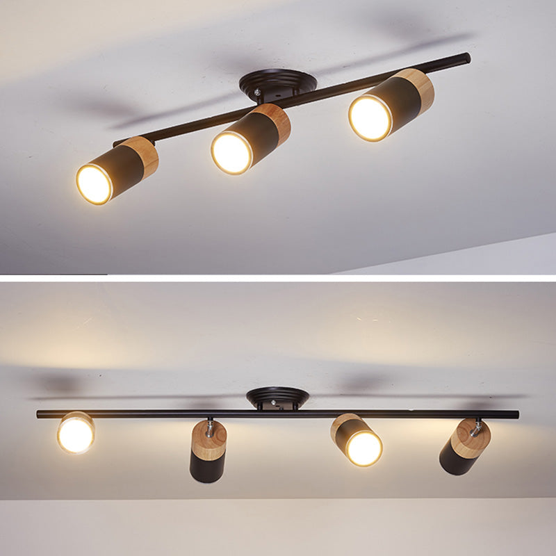 Nordic Cylindrical Metal and Wooden Cylindrical Track Spotlights Flush Mount Ceiling Light Fixtures for Foyer and Shop
