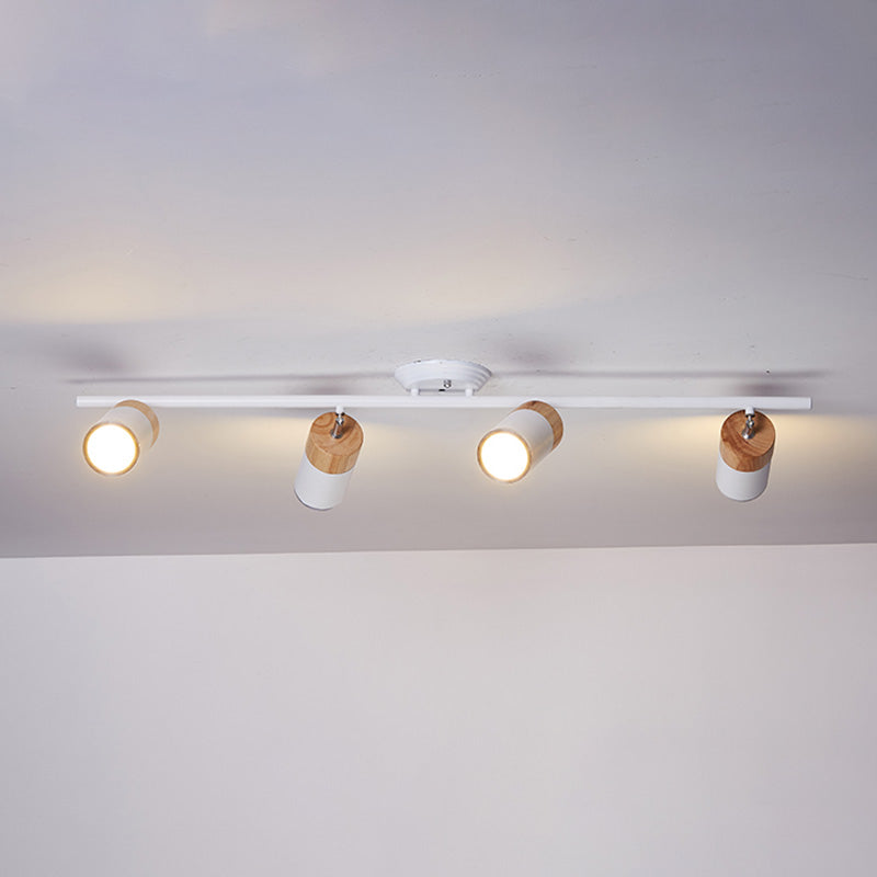 Nordic Cylindrical Metal and Wooden Cylindrical Track Spotlights Flush Mount Ceiling Light Fixtures for Foyer and Shop