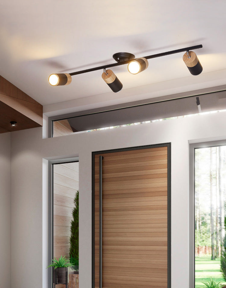 Nordic Cylindrical Metal and Wooden Cylindrical Track Spotlights Flush Mount Ceiling Light Fixtures for Foyer and Shop