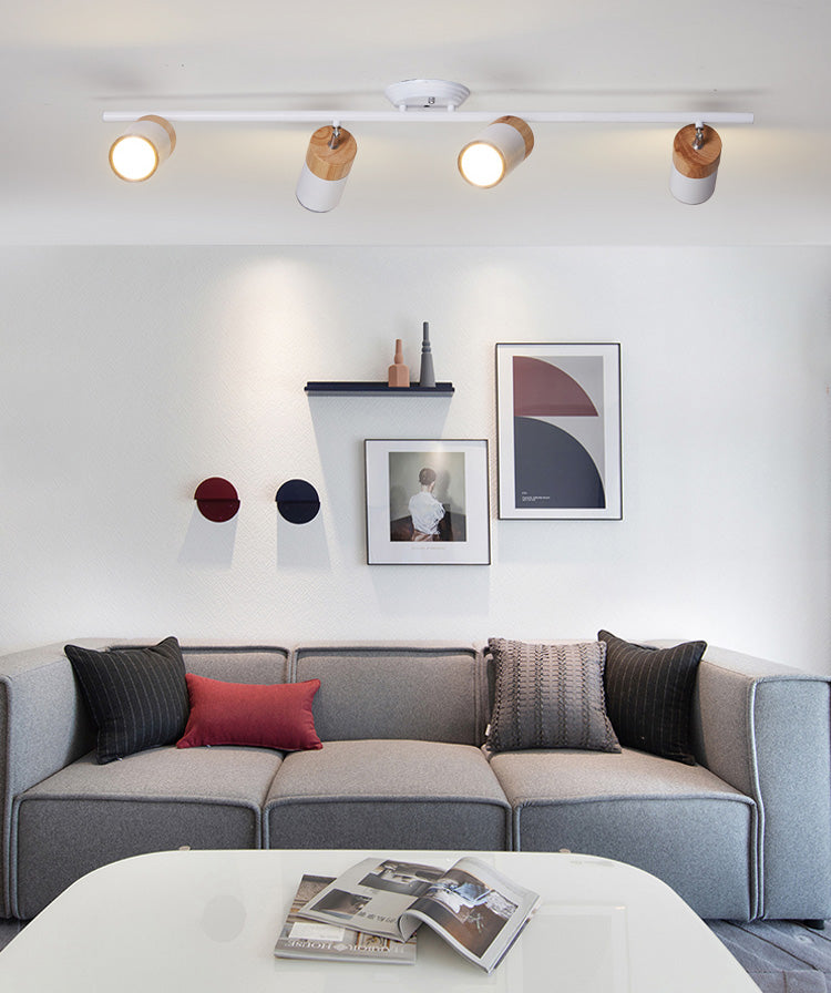 Nordic Cylindrical Metal and Wooden Cylindrical Track Spotlights Flush Mount Ceiling Light Fixtures for Foyer and Shop