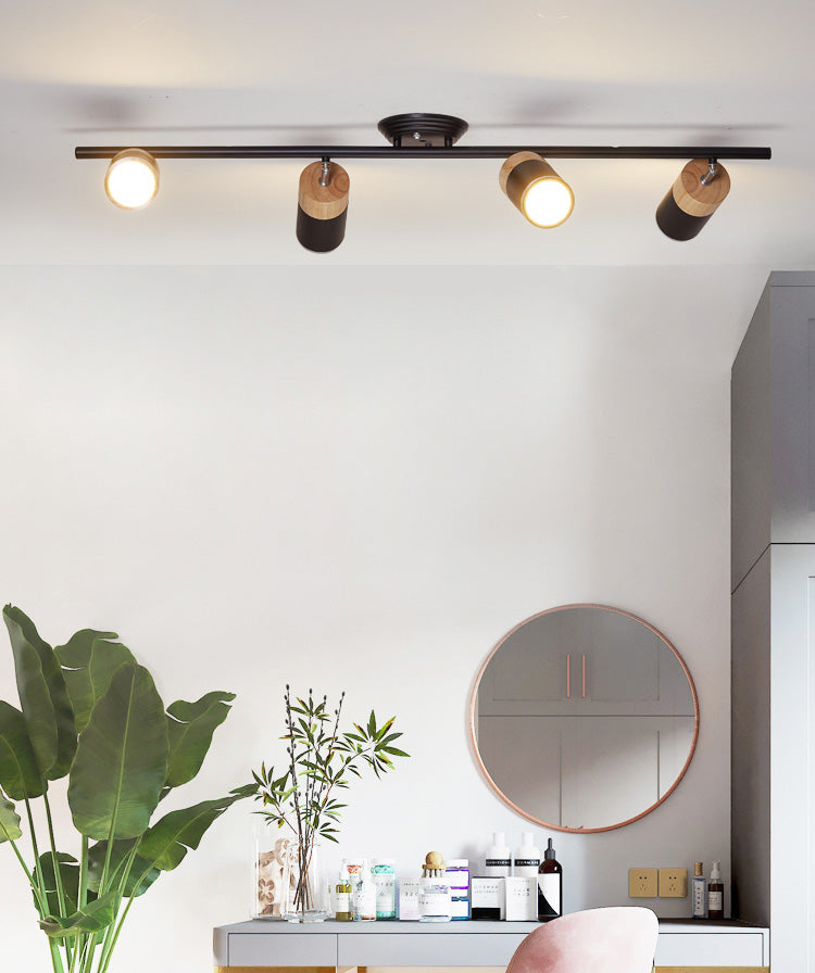 Nordic Cylindrical Metal and Wooden Cylindrical Track Spotlights Flush Mount Ceiling Light Fixtures for Foyer and Shop
