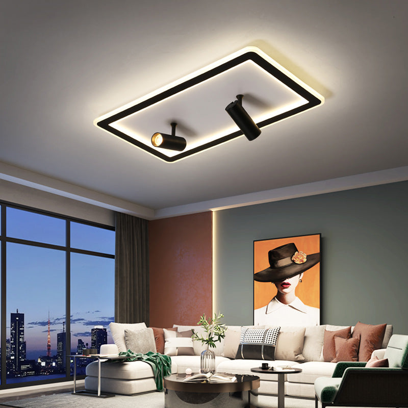 Black New Modern LED Flush Mount Rectangular Living Room Ceiling Light Fixture with 4 Spotlights
