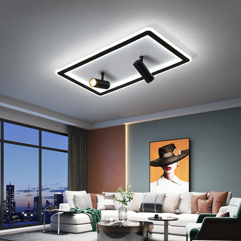 Black New Modern LED Flush Mount Rectangular Living Room Ceiling Light Fixture with 4 Spotlights