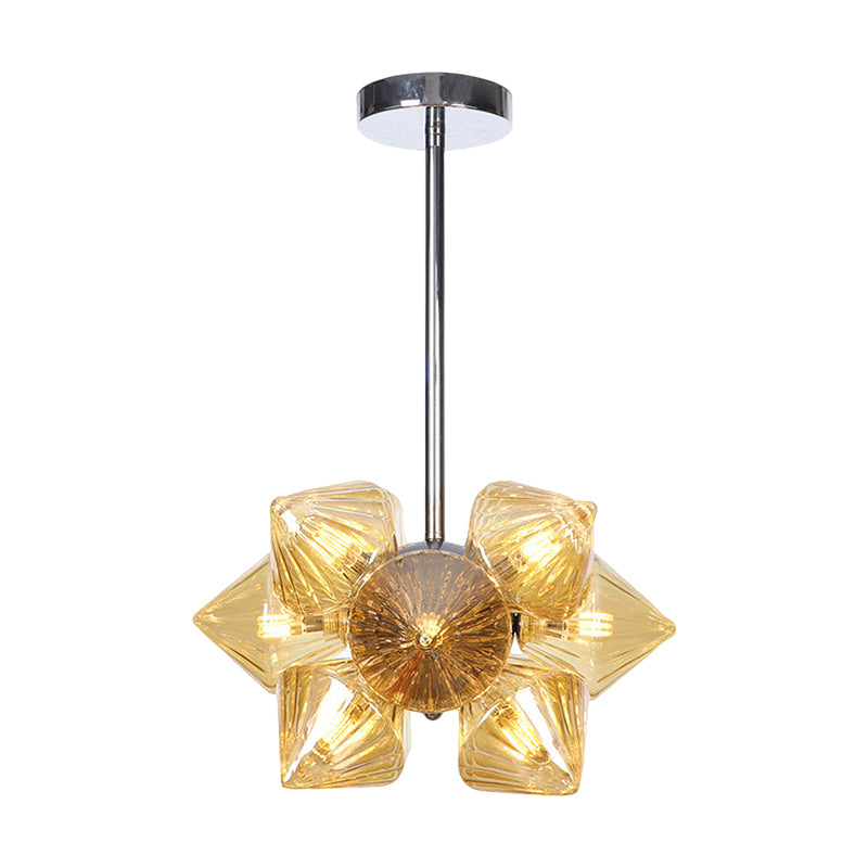 Chrome Diamond Chandelier Lamp Contemporary 9/12 Bulbs Amber Glass Hanging Ceiling Lamp