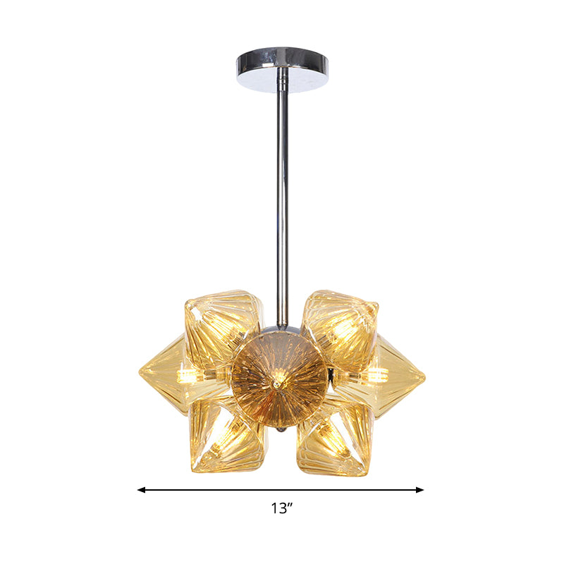 Chrome Diamond Chandelier Lamp Contemporary 9/12 Bulbs Amber Glass Hanging Ceiling Lamp