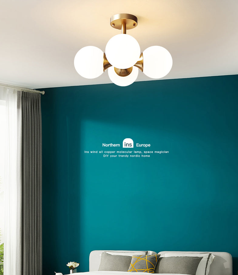 Lampada semifulina camera da letto a filo con soffitto bianco in stile minimalista con tonalità di vetro rotondo