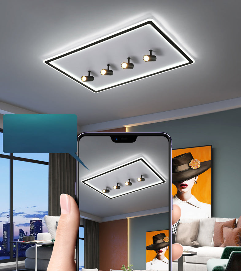 Black New Modern LED Flush Mount Rectangular Living Room Ceiling Light Fixture with 4 Spotlights
