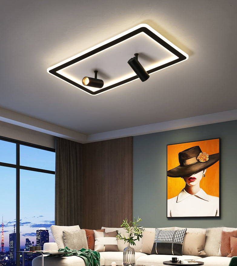 Black New Modern LED Flush Mount Rectangular Living Room Ceiling Light Fixture with 4 Spotlights