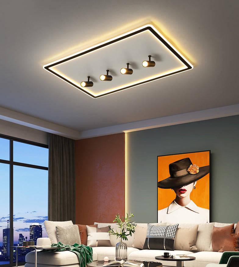 Black New Modern LED Flush Mount Rectangular Living Room Ceiling Light Fixture with 4 Spotlights