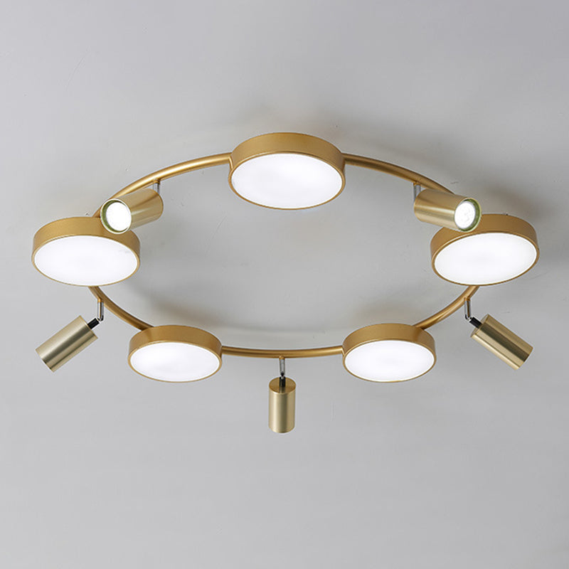 Circle Semi-Flush Mount Modernist Metal 10 Bulbs Gold Ceiling Light Fixture for Living Room