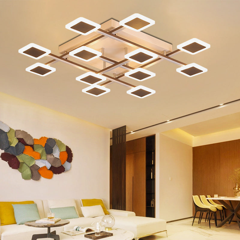 Square Semi-Flush Mount Simple Acrylic 31.5"/35.5" Wide 9/12 Heads Brown Ceiling Light Fixture in Warm/White Light