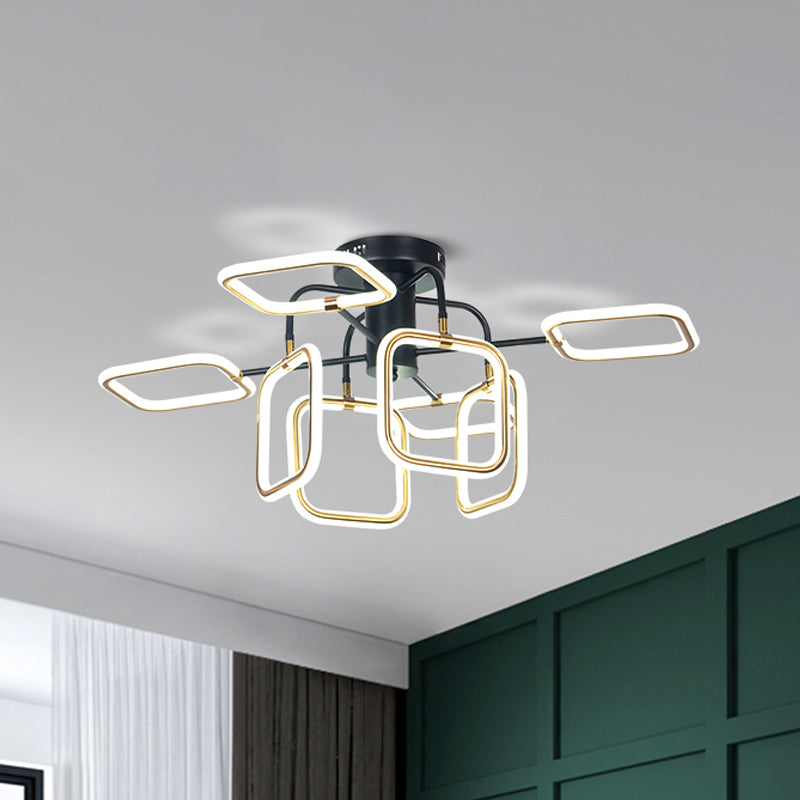 Gold-Black Square Semi-Flush Mount Modern 8 Bulbs Acrylic Ceiling Light Fixture in Warm/White Light