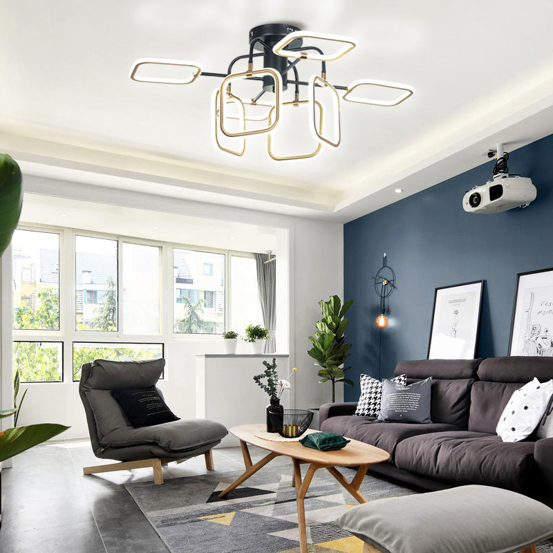 Gold-Black Square Semi-Flush Mount Modern 8 Bulbs Acrylic Ceiling Light Fixture in Warm/White Light