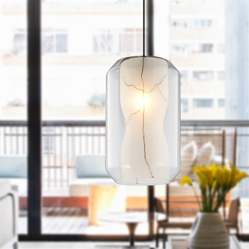 Clear Glass Lantern Pendant Light Simple 8"/10" Wide 1 Head Hanging Lamp Kit with Inner Cylinder White Marble Shade in White Ligth