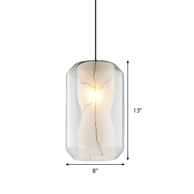 Clear Glass Lantern Pendant Light Simple 8"/10" Wide 1 Head Hanging Lamp Kit with Inner Cylinder White Marble Shade in White Ligth