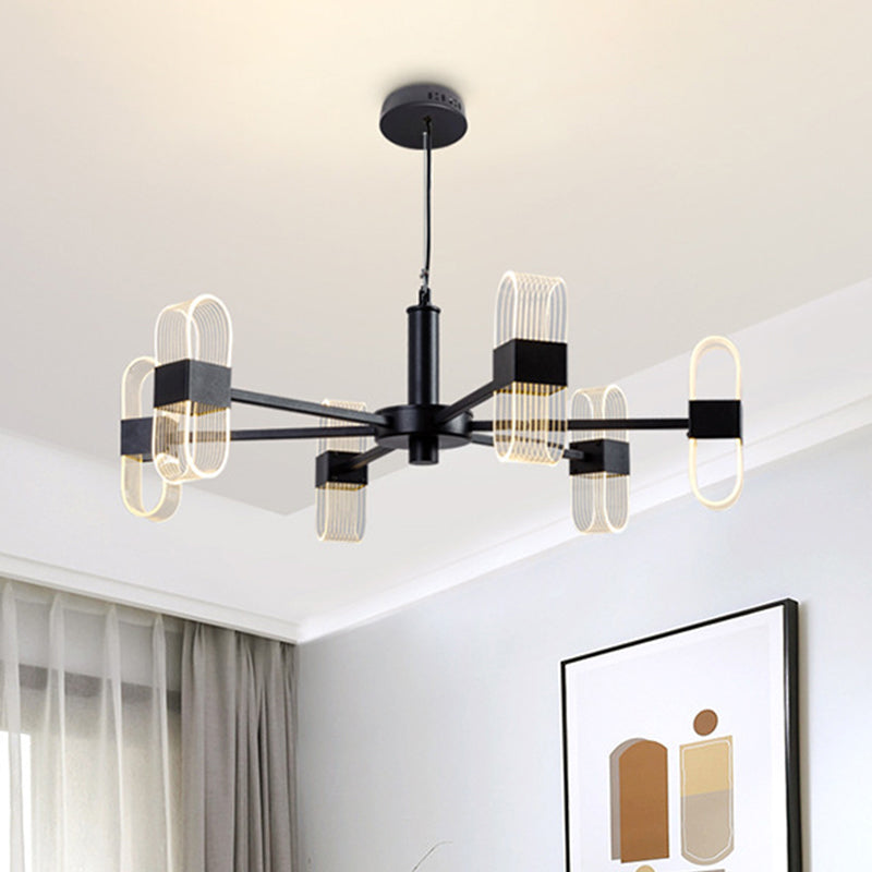 Modern Oval Chandelier Light Acrylic 6/8/12 Heads Living Room Hanging Lamp with Black Rod in Warm/White Light